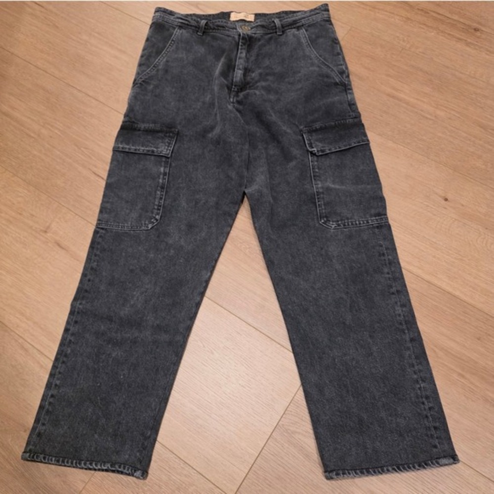Sessun Blue DR Cargo Pants Women Size 42 Washed Black Denim‎ Wide Leg High Rise